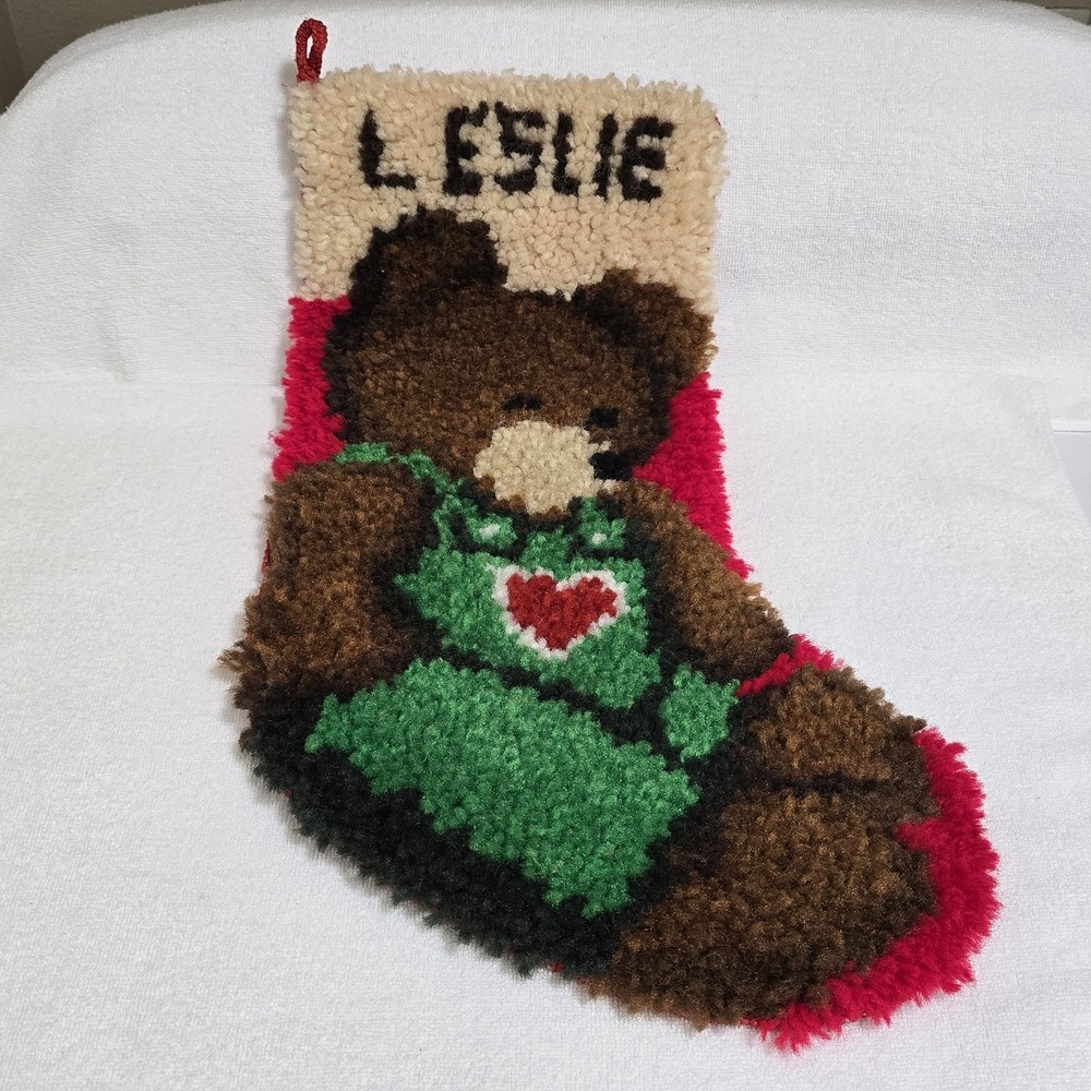 VTG Latch Hook Teddy Bear Christmas Stocking Finished 20" Personalized Leslie
